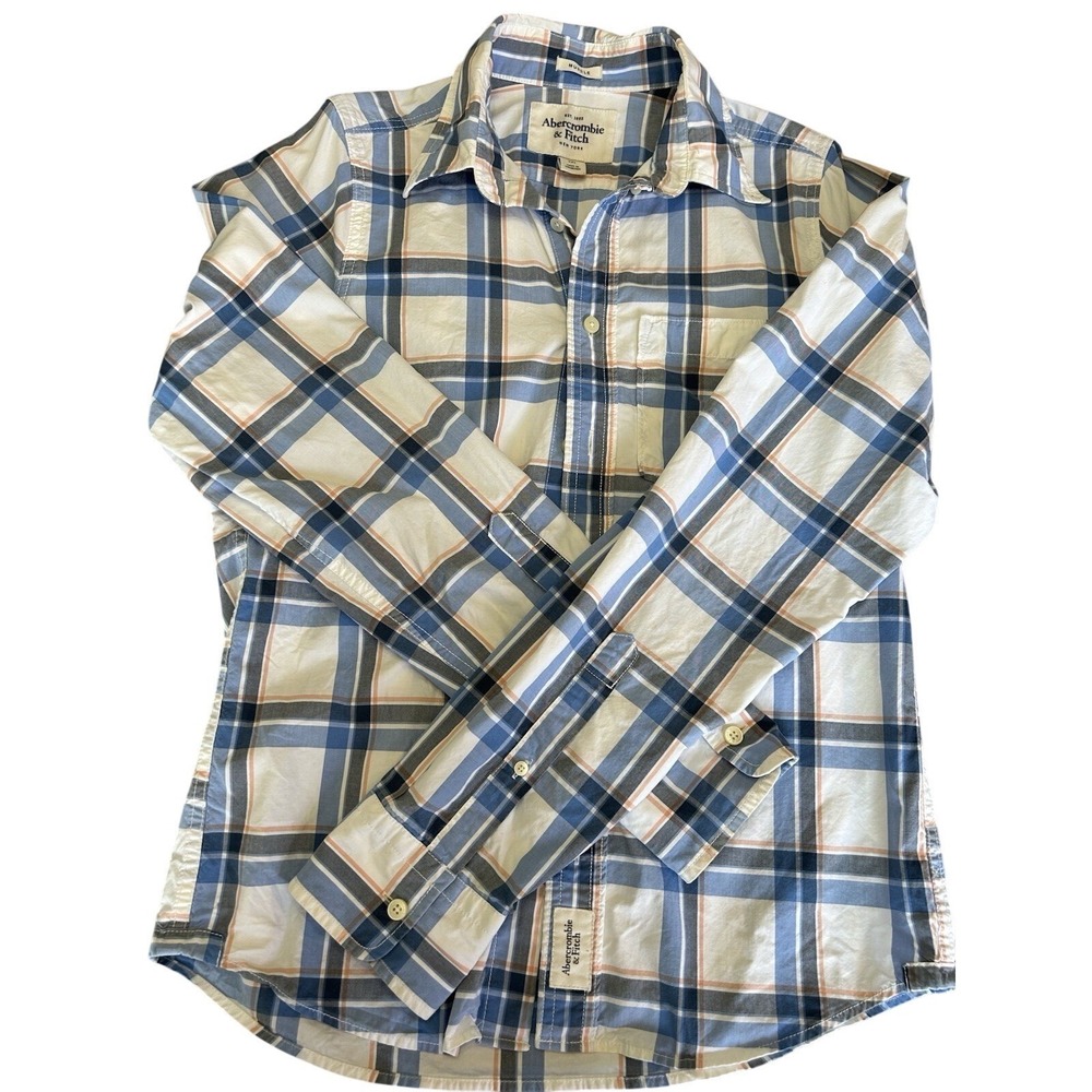 Abercrombie & Fitch Mens Muscle Fit Plaid Button Down Shirt Blue White Orange M